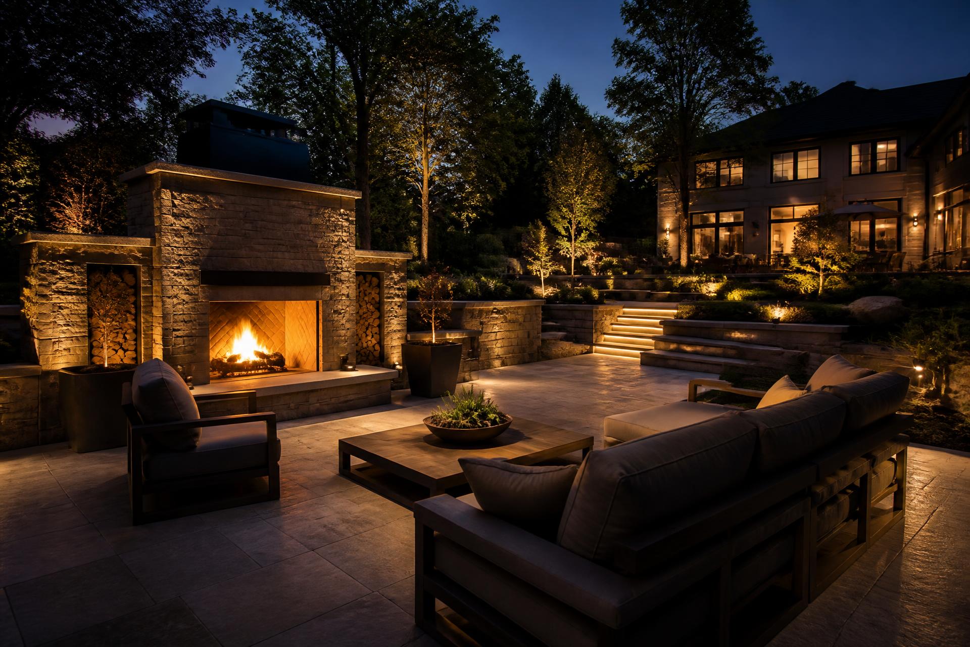 Luxury backyard hardscape at dusk with a stone fireplace, paver patio, and warm landscape lighting